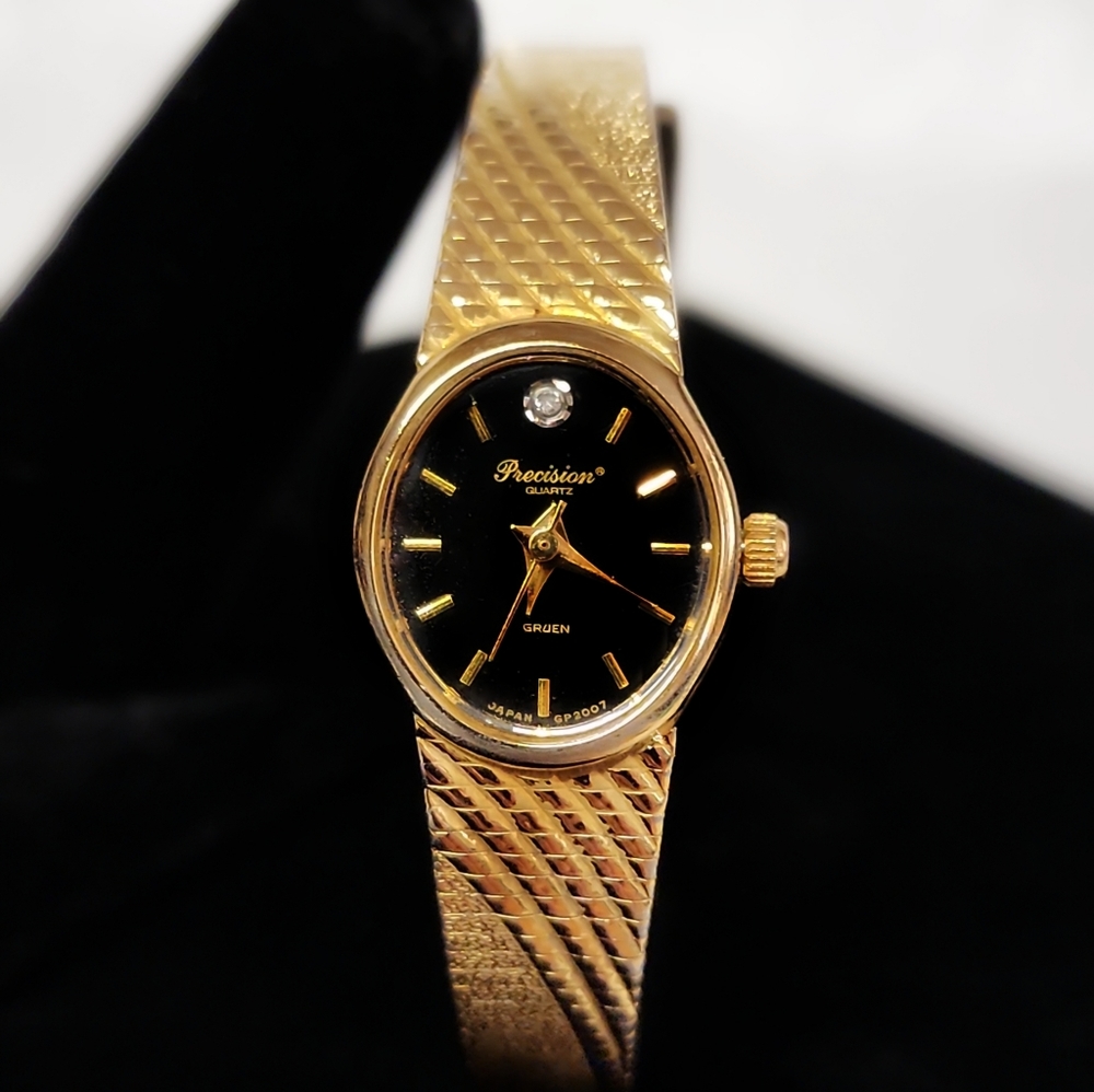 Vint & Dainty "Precision by Gruen" gold plated diamond ladies watch (needs batt)